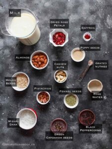Ingredients needed to make kesar badam thandai drink