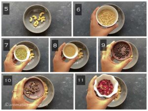 Cashew nuts, melon seeds, fennel seeds, poppy seeds, black pepper, cardamom seeds, and dried rose petals added to a bowl