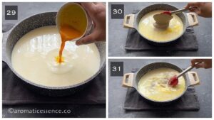 Saffron infused milk and thandai paste added to the lukewarm milk