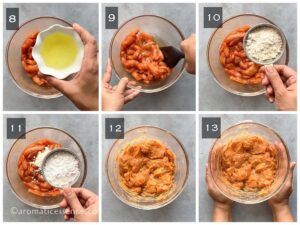 Egg white, all-purpose flour, and cornflour added to seasoned chicken