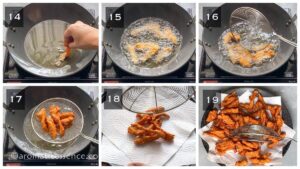 Frying marinated chicken strips in hot oil