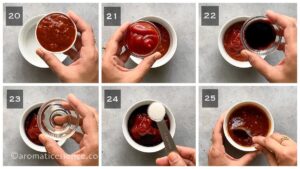Sambal oelek, tomato ketchup, light soy sauce, rice vinegar, and sugar combined in a bowl to make dragon sauce