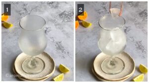 Ice cubes added to a chilled hurricane glass