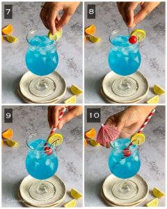 Stir and garnish the drink with maraschino cherry, lemon wheel, and cocktail umbrella