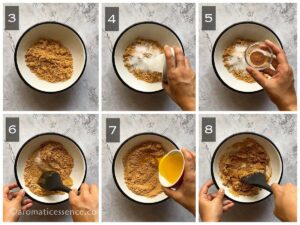 Digestive biscuit crumbs, castor sugar, and ground cinnamon mixed together