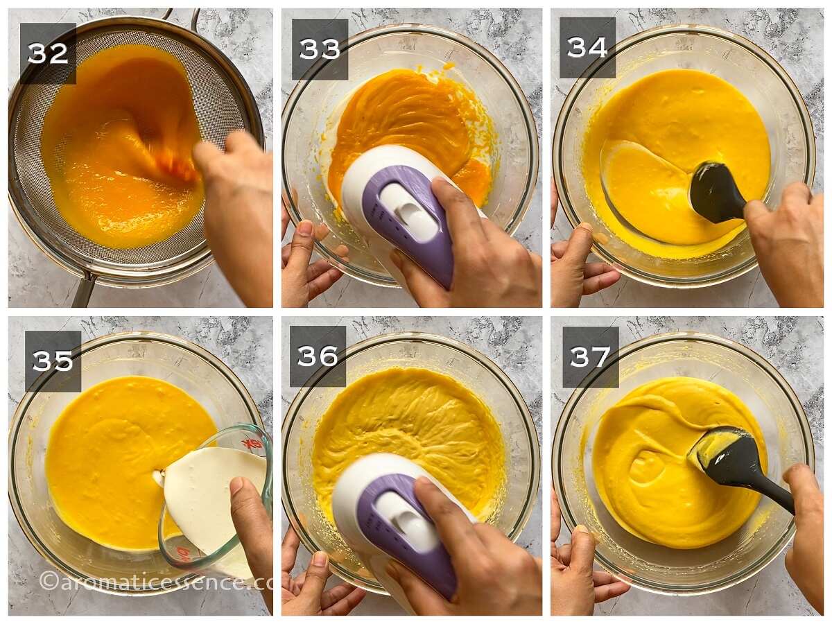 Mango agar mixture, and light cream added to cream cheese mixture