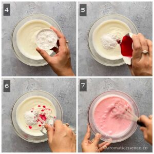 Add powdered sugar and rose syrup to whisked curd