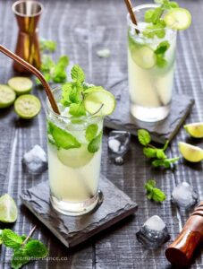 Non-alcoholic mojito garnish with lime wheel and mint leaves