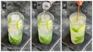 Mint-sugar-lime mixture topped with club soda
