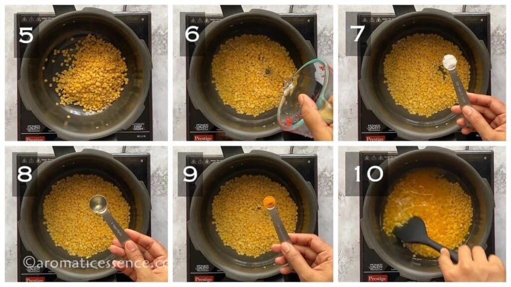 Water, salt, oil, and turmeric added to drained toor dal