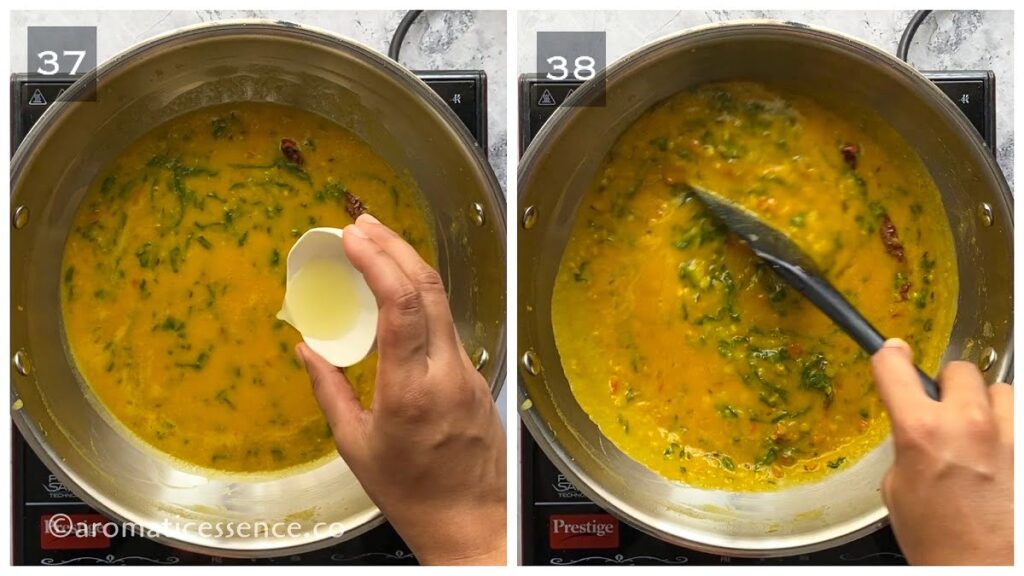 Dash of lemon juice added to dal palak and mixed well
