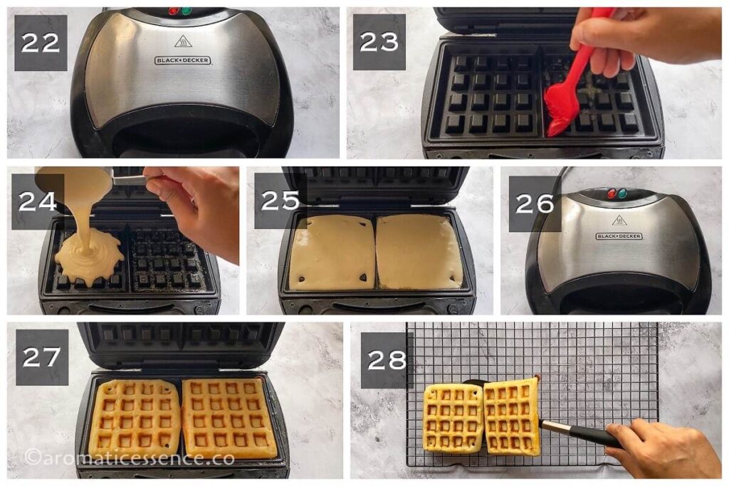 Preheating the waffles maker, greasing the waffle iron plates, pouring the eggless waffle batter, cooking the waffles and transferring the waffles to a cooling rack