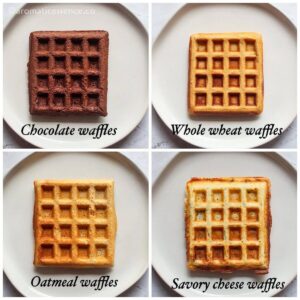 4 variations (chocolate, whole wheat, oatmeal, and savory cheese waffles) of basic eggless waffle recipe