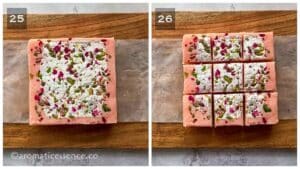 Coconut burfi set for 1 hour in the refrigerator and cut into pieces