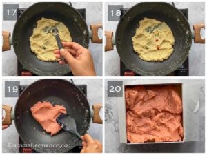 Rose essence and pink food color added to half of the coconut mixture and mixed well