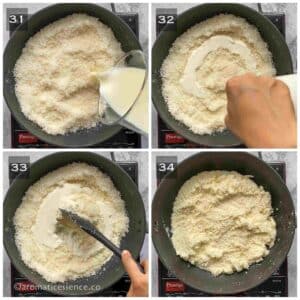Milk and cream added to roasted coconut and cooked until absorbed by the coconut