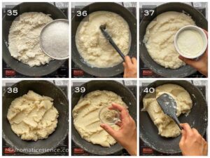 Sugar and milk powder added to coconut mixture. Burfi mixture flavored with cardamom powder