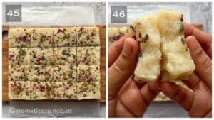 Coconut mixture transferred to a tray and packed firmly. Burfi garnished with pistachios and dried rose petals