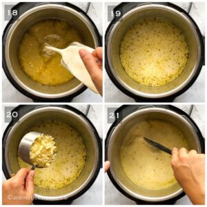 Heavy cream and shredded cheese added to the soup