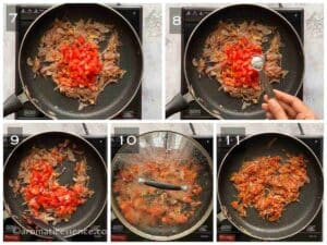 Diced tomatoes and salt added to onion mixture and cooked until it turns mushy