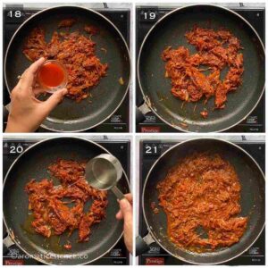 Ketchup and water added to the spiced onion tomato mixture