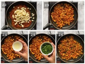 Paneer added to onion-tomato masala and mixed well. Lemon juice and coriander leaves added to the paneer filling.