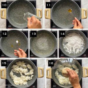 Rice flour added to boiling water mixed with ghee and salt