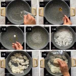 Rice flour added to boiling water mixed with ghee and salt