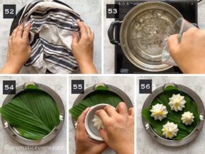 Preparing the steamer pot and modaks for steaming