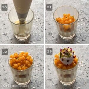 Alternate layers of cheesecake filling and boondi layered over crust, garnished with whipped cream, slivered pistachios, and dried rose petals