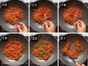 Spices and coriander leaves added to onion-tomato masala