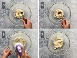 Vanilla extract and almond extract added to butter sugar mixture and mixed well