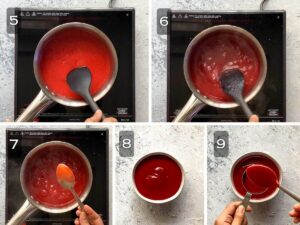 Preparation of strawberry reduction. Strawberry reduction transferred to a bowl, and 1/4 cup reserved to decorate the glass